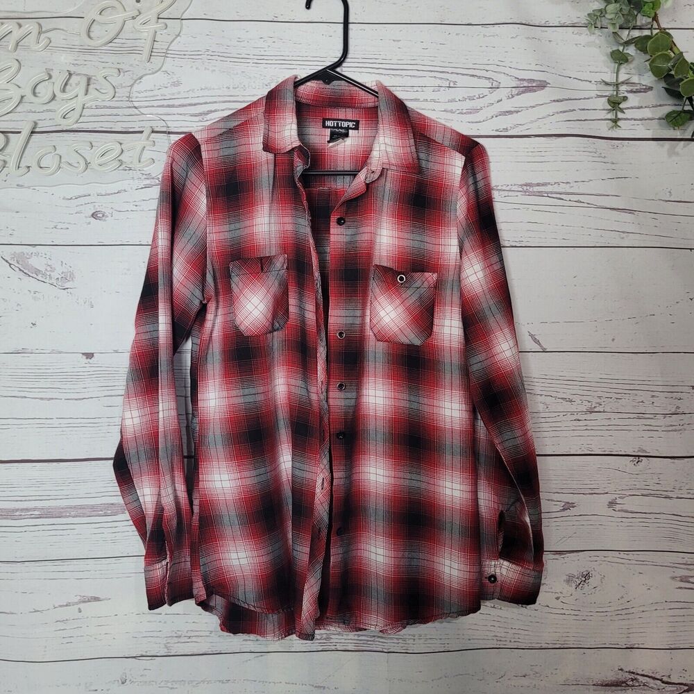 Hot Topic Red White Plaid Pocket Long Sleeve Button Down Shirt Woman Size Medium